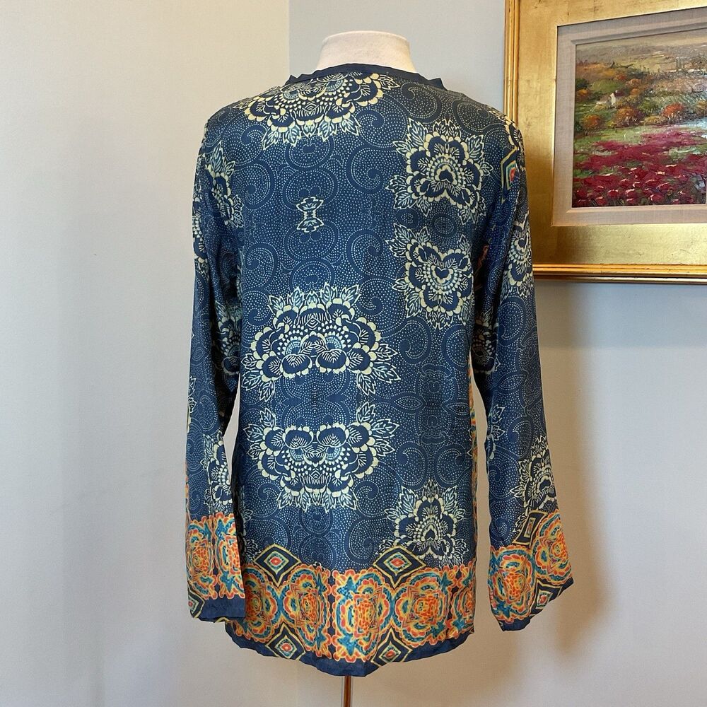 Johnny Was Navy Multicolor Silk Boho Tunic Blouse Tie Front Long Sleeve‎ Small - Picture 3 of 7